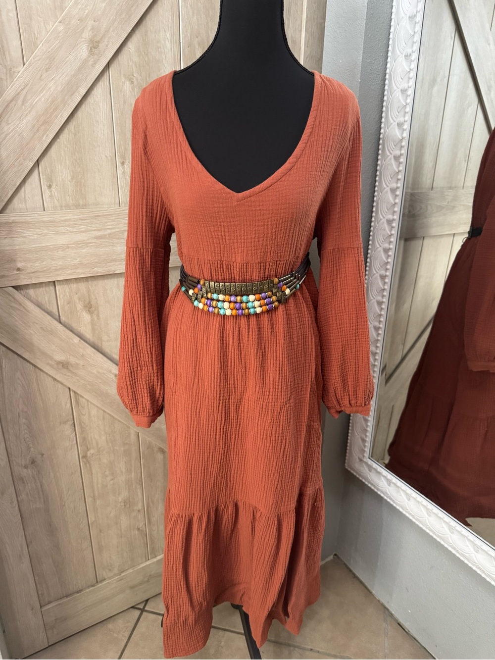 7 For All Mankind Cotton Gauze Tiered Maxi Dress in rust - Medium